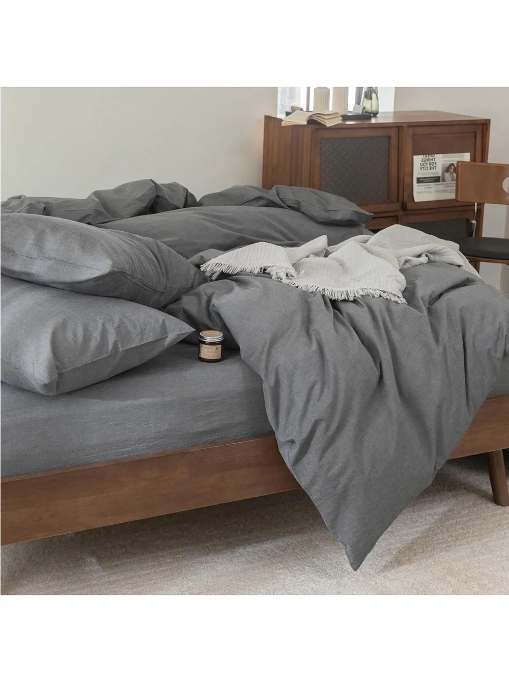 NEW FOSSA Duvet Cover Set 100% Washed Cotton Linen Feel 3 Pieces, Dark Grey King